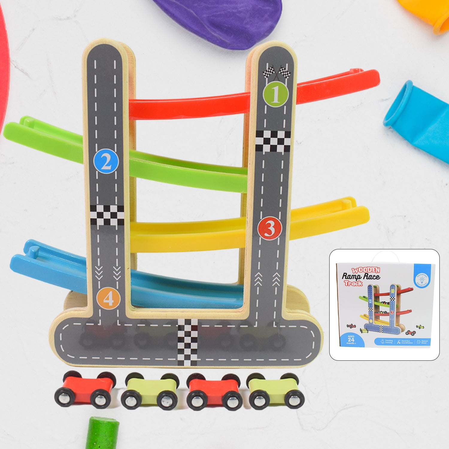 Car Racer Track Play Set Wooden Click Clack Toys With 4 Mini Racers (1 Set) Car Racer Track Play Set Wooden Click Clack Toys With 4 Mini Racers (1 Set)
